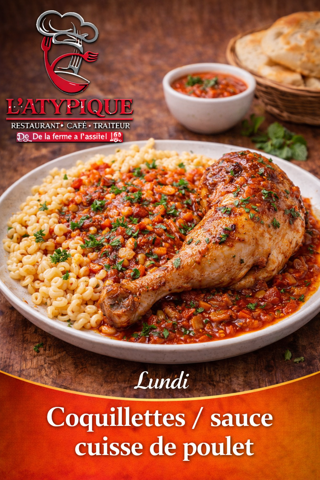 Lundi — Coquillettes / sauce / cuisse de poulet